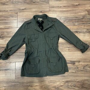 Democracy Womens S Jacket Utility Military Studded Army Green Roll Tab Sleeve